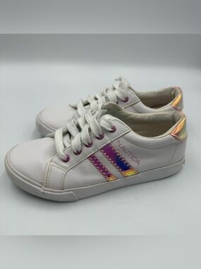 Nautica Kids White Sneakers with Iridescent Pink and Gold Accents
